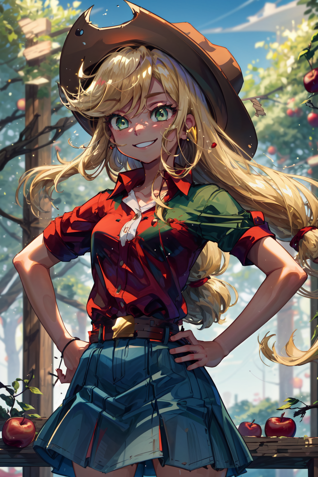 00726-3614890388-masterpiece,best quality,1girl,mlpapplejack,blonde hair,green eyes,low-tied long hair,cowboy hat,shirt,short sleeves,denim skirt.png